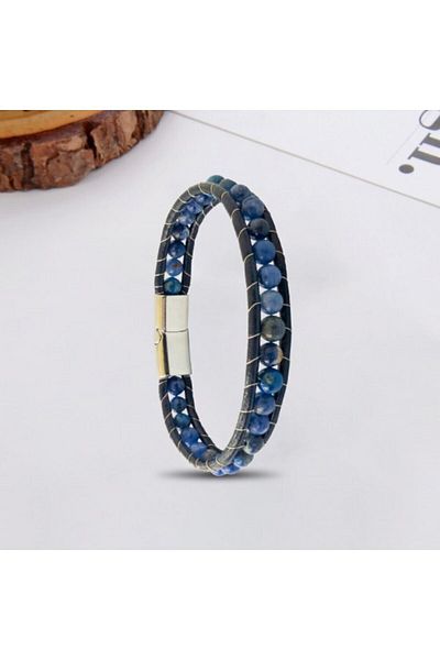 OSMANLI GÜMÜŞ 6mm Natural Lapis Stone Men's Bracelet - Leather Cord and Steel Bracelet