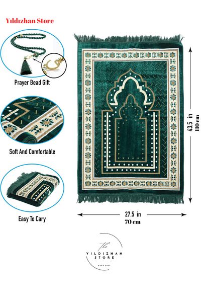 Yıldızhan Store Gift Velvet Prayer Rug - Dowry Hajj and Umrah Prayer Beads Set