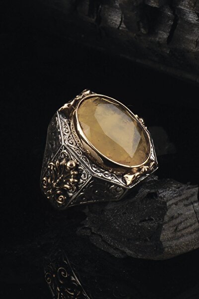 OSMANLI GÜMÜŞ Sarı Parabia Taşlı 925 Ayar Erkek Gümüş Yüzük Gyzsarıpara-gms