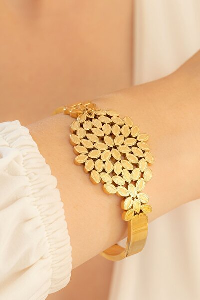 OSMANLI GÜMÜŞ Kadın Çelik Bileklik - 22 Ayar Gerçek Altın Kaplama Kelepçe (KA...