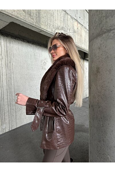 ByRanaBuyuk Acıkahve Κοντό παλτό από γούνα κροκόδειλου