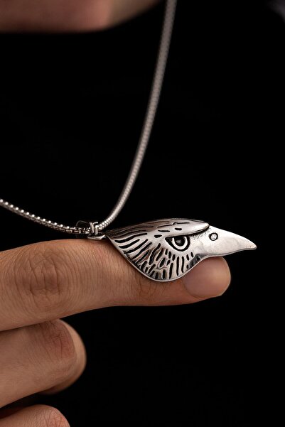 OSMANLI GÜMÜŞ Erkek Çelik Kolye - Kartal Başı Figürlü Erkek Kolye