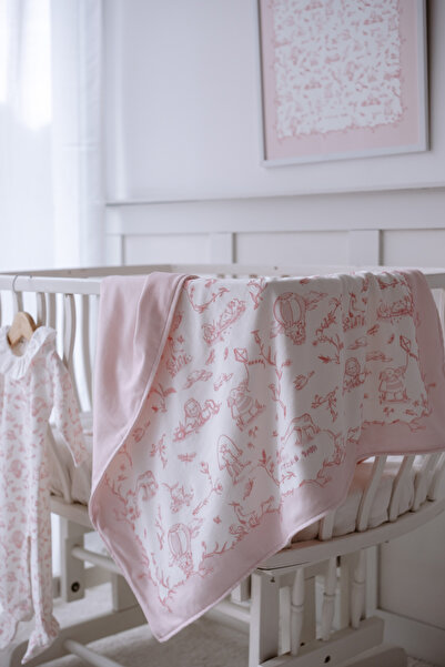 Atelier Babbi 100% Cotton Double-Sided Blanket - Toile De Jouy / Pink