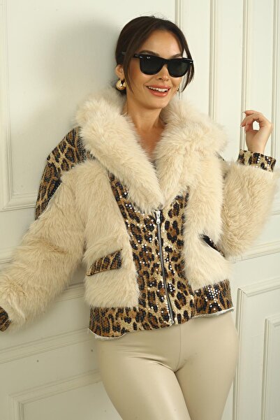 By Saygı Női leopárd szövet részletes zsebbel bélelt bunda