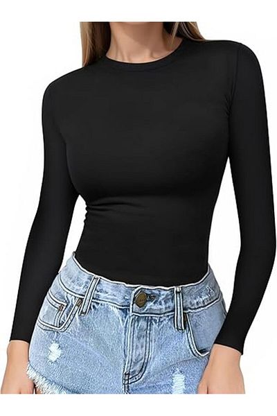MADAM SHİLA Μαύρη μπλούζα DARKALIP SLIMFIT Soft Touch Ribana μακρυμάνικη μπλούζα με λαιμόκοψη