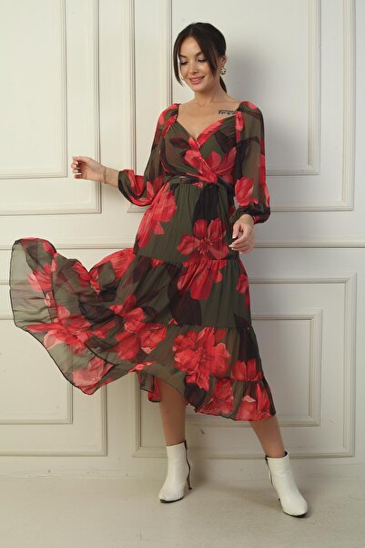 By Saygı Madonna Collar Lined Cross Tied Floral Double Breasted Chiffon Dress