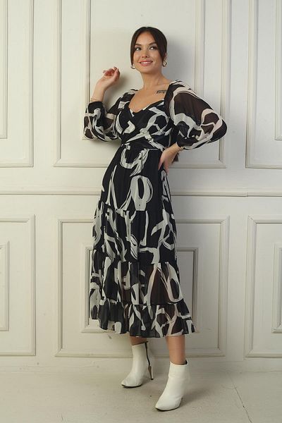 By Saygı Rochie din șifon cu guler Madonna căptușit în cruce cu model abstract