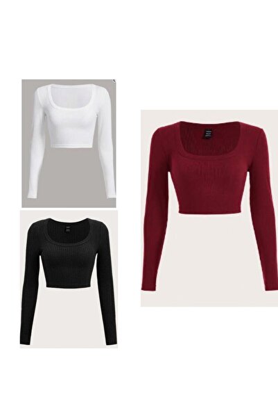 Lorya Giyim Kadın 3'lü Paket %100 Pamuklu Örme  Fitilli Kare Yaka Kaşkorse  Uzun kollu Crop  Bluz