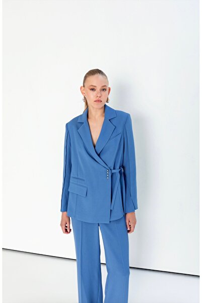 KAMEYA Kuşak Detaylı Kruvaze Mavi Ceket