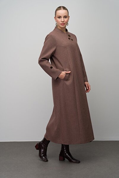 Olcay Υπερμεγέθης γιακάς και μάλλινο παλτό με λεπτομέρεια κεντήματος - MELANGE BROWN 6632