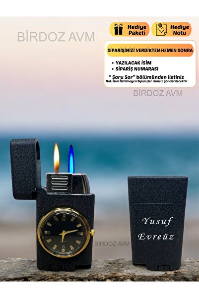 birdoz avm Kişiye Özel İsimli Kapaklı Saatli Çift Ateşli Çakmak