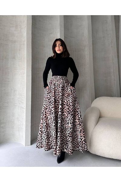 LB Laluna Butik Γυναικεία Leopard Pocket A-Line μακριά φούστα