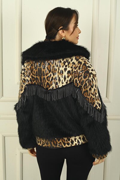 By Saygı Women's Leopard Fabric Detailed Pocket Lined Fur Jacket