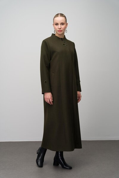 Olcay Prevailing Collar Embroidery Detailed Wool Blended Large Size Top Coat Haki 6632