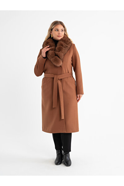 Mia Kara Men's Neck Fur Coat - Collar Side Pocket, Pocket Punt Kamel 4093