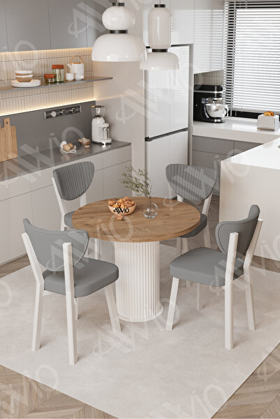 AVVİO Elma Yuvarlak Ceviz Mutfak Masa 4 Adet Sandalyeli Takım