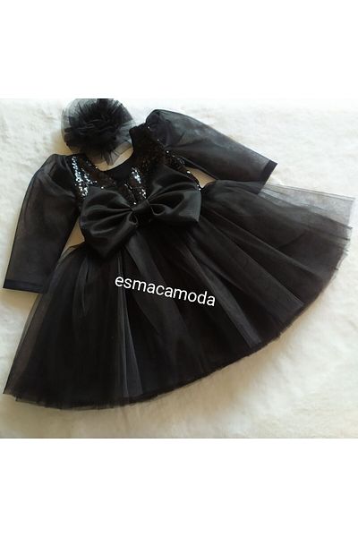 esmacamoda Black Long Tulle Sleeve Girl's Dress