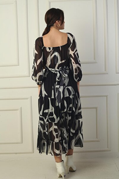 By Saygı Madonna Yaka Astarlı Çapraz Bağlamalı Soyut Desen Kruvaze Şifon Elbise
