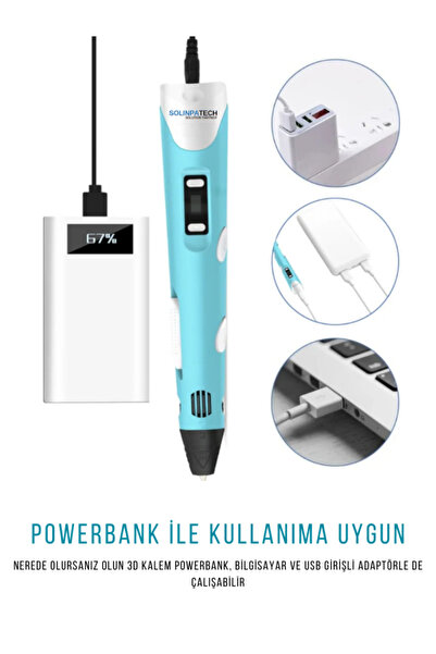 SolinpaTech MAVİ 3d Kalem 3d Pen Yazıcı Kalem | 59 Metre Pla Filament Grafik Tablet Usb Kablo