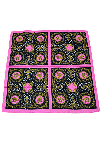 TikiTonki Geometrik Çiçek Desenli Kare Kesim Saten Pembe Eşarp - 90x90