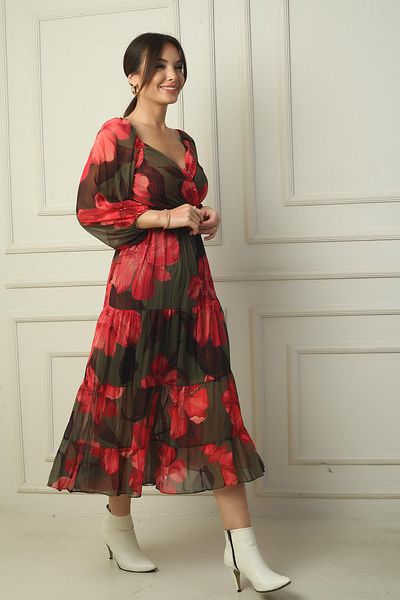 By Saygı Rochie din șifon, cu guler Madonna, căptușită în cruce, cu legături florale
