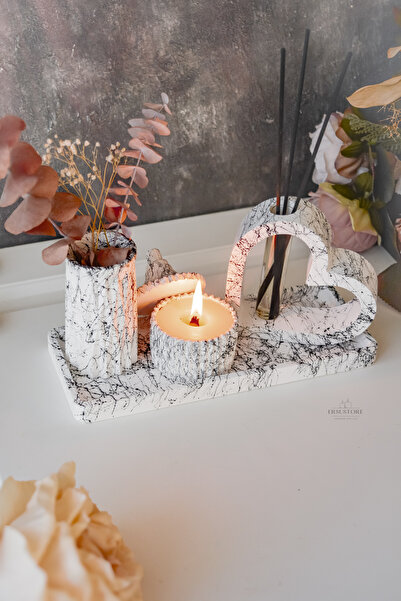 ersu store Mermer Desenli Kalpli Oda Kokusu Vazo Doğal Soya Wax Mum Seti