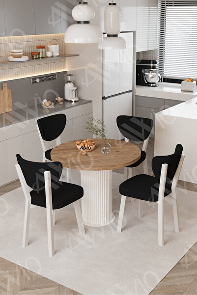 AVVİO Elma Yuvarlak Ceviz Mutfak Masa 4 Adet Sandalyeli Takım