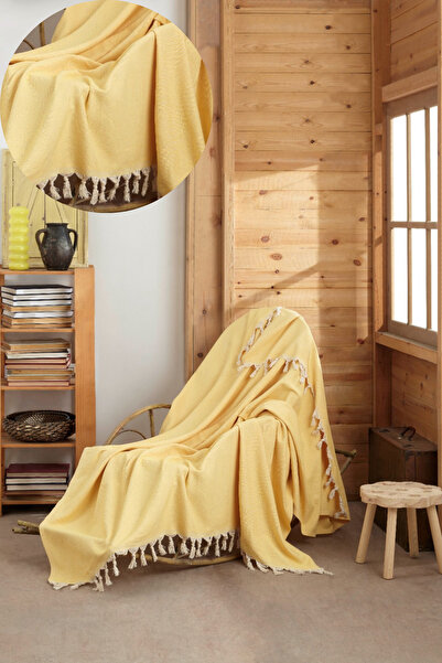 Miracolo Home 2li Sarı Pamuklu Tekli Koltuk Ve Berjer Örtüsü - Tv Battaniyesi Throw  120*150 Cm. Saçakları Bağlı