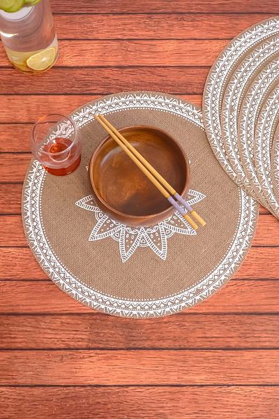 AVANTAGE HOME Ethnic - 6 Pieces Jute Hand Printed Round Tableware Presentation Plate Base Charger American Service 38 Cm