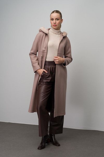 Olcay Amestec de lână BEJ cu glugă și blană - Talie adunată, Model 6633