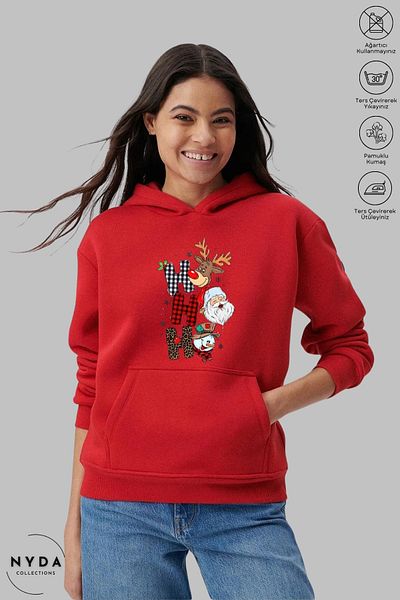 Nyda Collections Унисекс суичър с коледна щампа - дълъг ръкав, качулка, голям памучен суичър