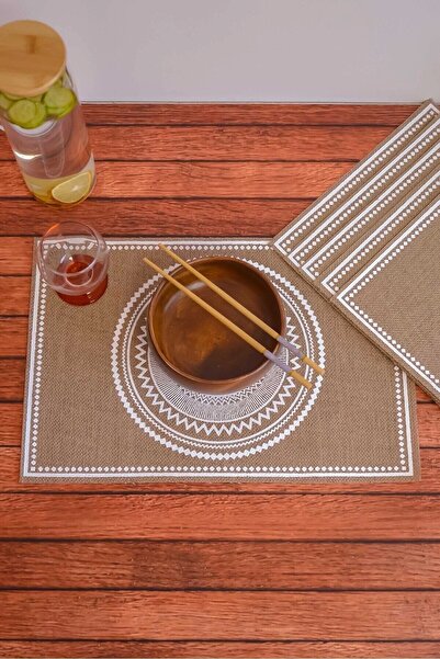 AVANTAGE HOME Ethnic - 6 Adet Jüt El Baskılı Dikdörtgen Sofra Sunum Tabak Alt...