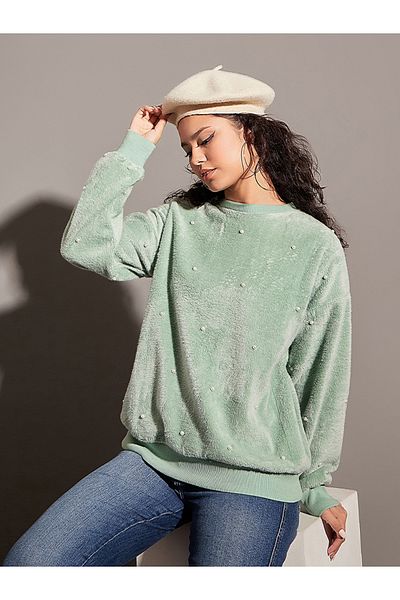 Sassafras By Styli Relaxed Fit Fleece Faux Fur Pearl Stud Sweatshirt