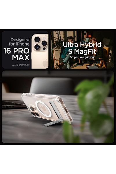 Spigen Ultra Hybrid S MagFit for iPhone 16 Pro MAX case with Kickstand - Crystal Clear