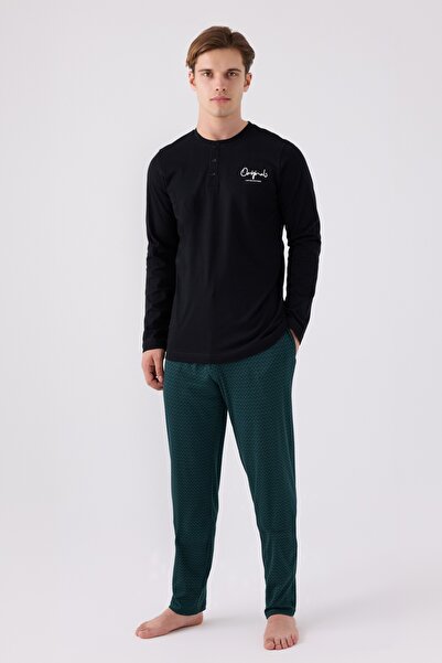 Arnetta Erkek Siyah Originals Desenli Pantolon Üç Düğmeli Uzun Kol Pijama Takımı