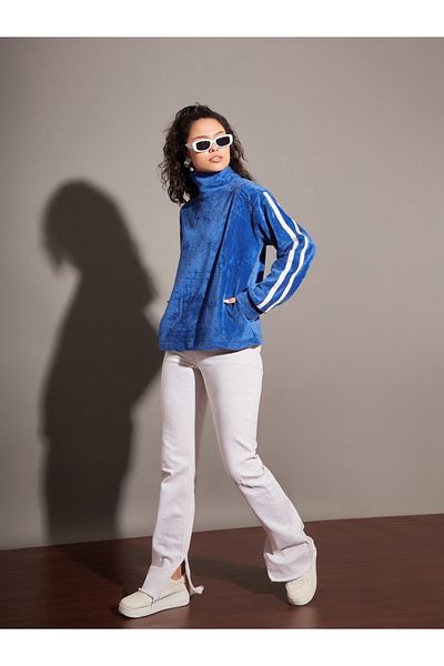 Sassafras By Styli Fleece Faux Fur Contrast Tape High Neck Sweatshirt