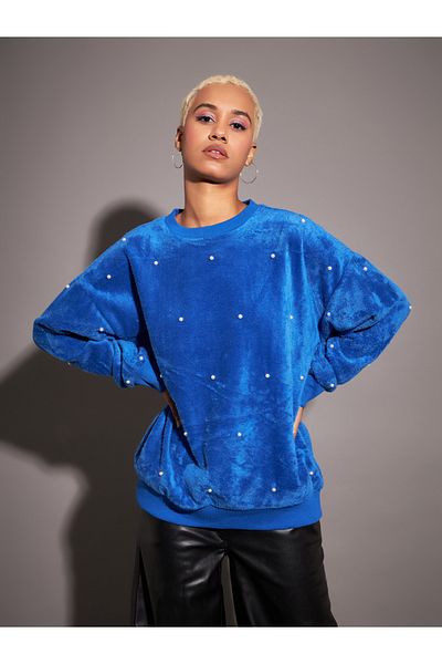 Sassafras By Styli Relaxed Fit Fleece Faux Fur Pearl Stud Sweatshirt
