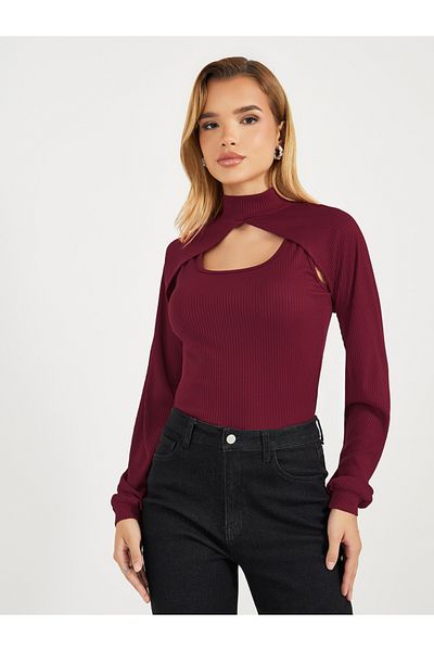 Styli High Neck 2in1 Style Ribbed Knit Layered Top