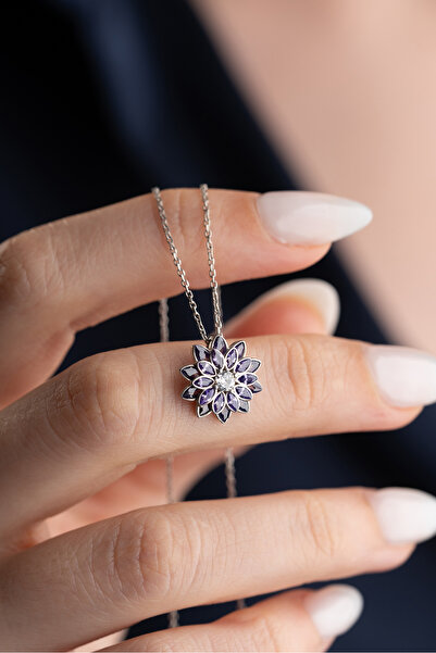 Silvano Jewelry 925 Ayar Gümüş Zirkon Mor Taşlı Lotus Kolye