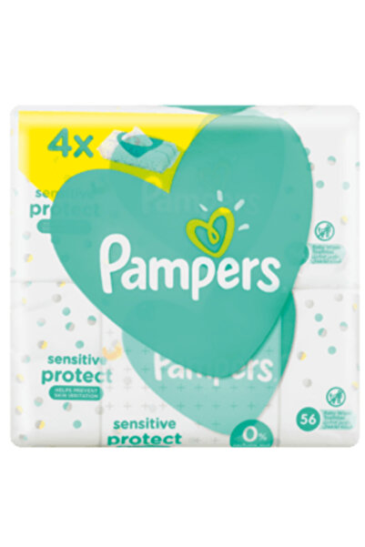 Pampers 56 Wipes Sensitive Protect Baby Wipes Made with 100% Purified Water, 4 Pieces