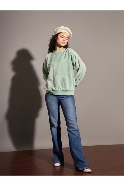 Sassafras By Styli Relaxed Fit Fleece Faux Fur Pearl Stud Sweatshirt