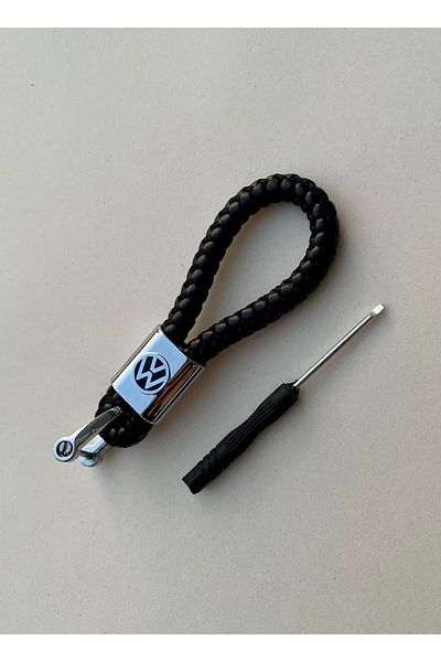 RoseTR Volkswagen Black Leather Braided Keychain - Vw Golf Polo Passat Tiguan Accessory