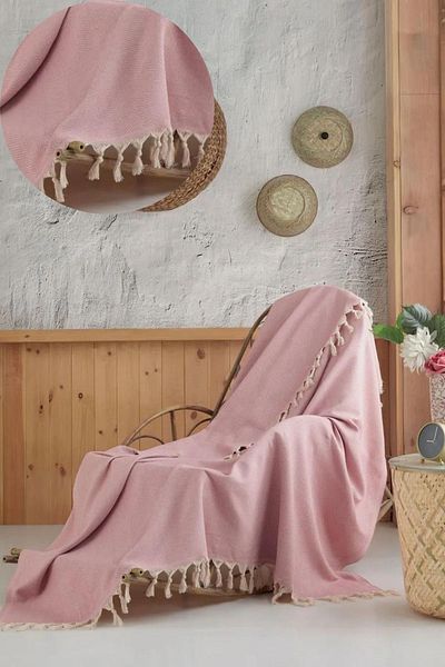 Miracolo Home Set canapea și fotoliu din bumbac trandafir uscat 2 piese - pătură TV 120*150 cm. franjuri legate