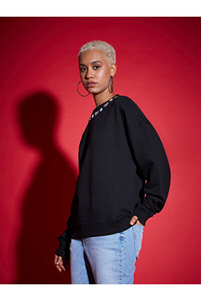 Sassafras By Styli Oversized Studded Faux Pearl Terry Sweatshirt