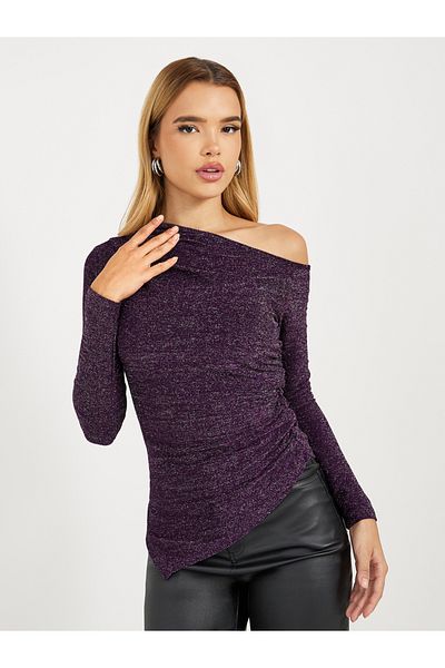 Styli Asymmetric Neck Glitter Look Fitted Top