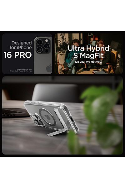 Spigen Ultra Hybrid S MagFit for iPhone 16 PRO case with Kickstand [MagSafe compatible] - Graphite