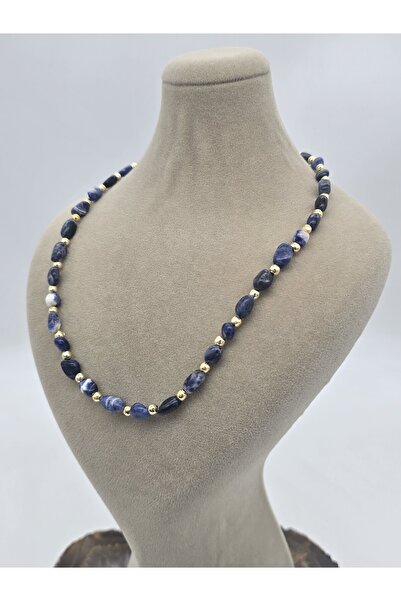 NBS Beautiful Naturel Stones Sodalit Doğal Taş Kolye ( Üçüncü Göz Çakra ) ( 40 cm + 5 cm uzatma Altın Kaplama )