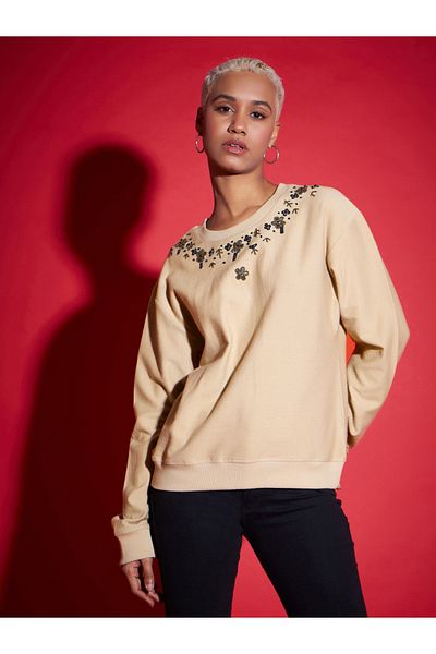 Sassafras By Styli Regular Fit Beaded Neckline Reverse Terry Sweatshirt