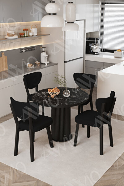 AVVİO Elma Yuvarlak Siyah Mermer Mutfak Masa 4 Adet Sandalyeli Takım