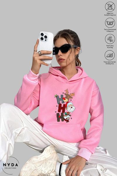 Nyda Collections Χριστουγεννιάτικο εμπριμέ Unisex φούτερ - Μακρυμάνικο, με κουκούλα, υπερμεγέθη βαμβακερό φούτερ